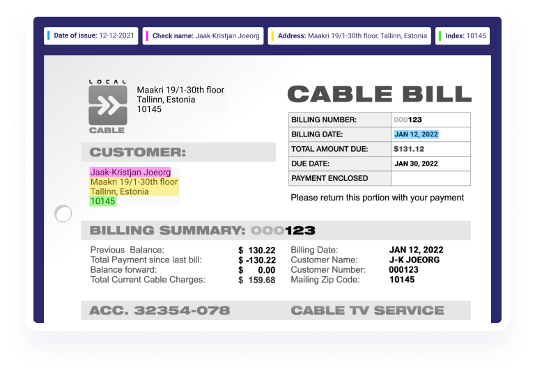 Proof of address 10 cable bill in frame